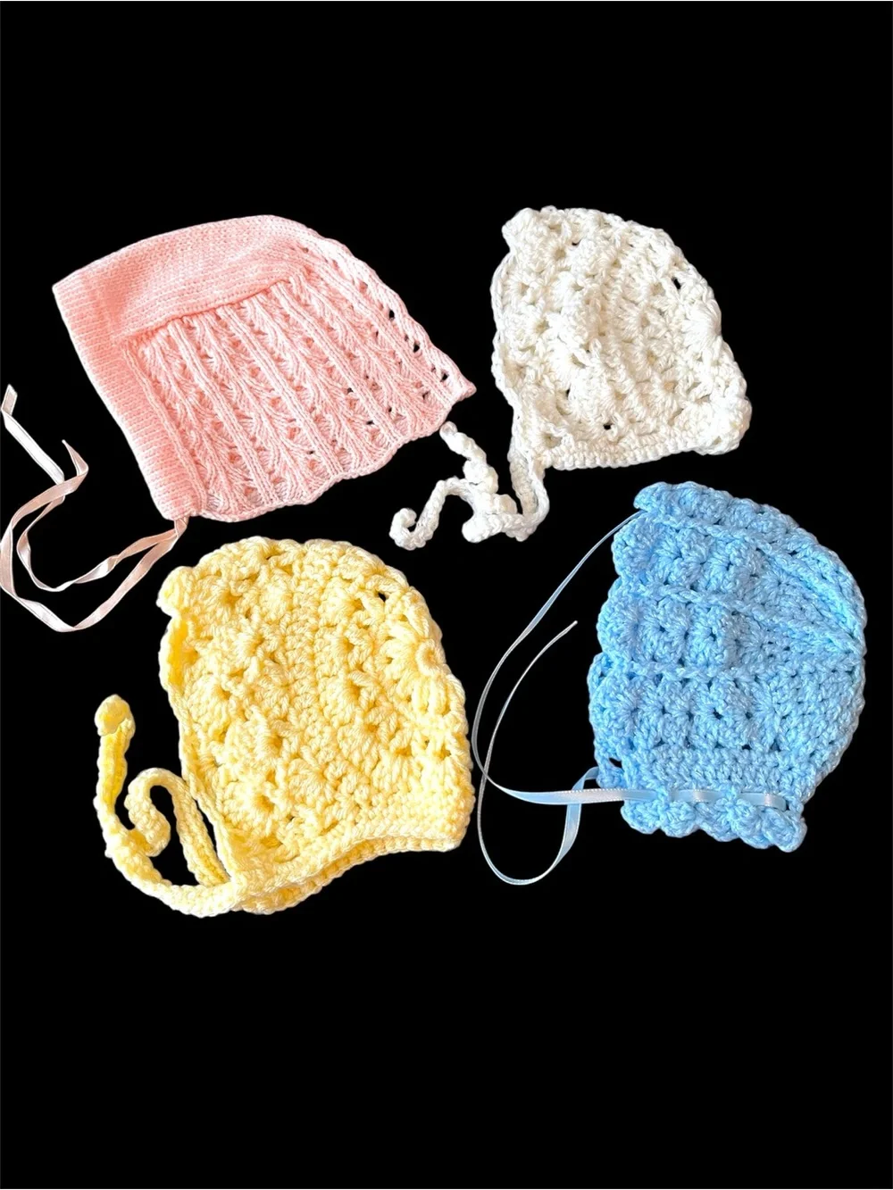 Handmade Crochet Baby Bonnets Set Of 4 Vintage Newborn Hats